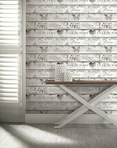 Chic Wood Effect Wallpaper Caligraphy Typography Butterfly Heart Motifs Neutral