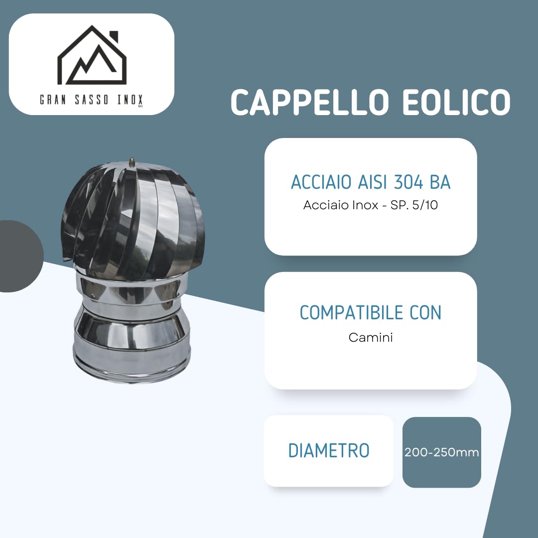 Comignolo Capello Eolico Coibentato Doppia Parete in Lana di Roccia -in Acciaio Inox AISI 304 BA SP. 5/10 – per Camini (Ø200-250 mm)