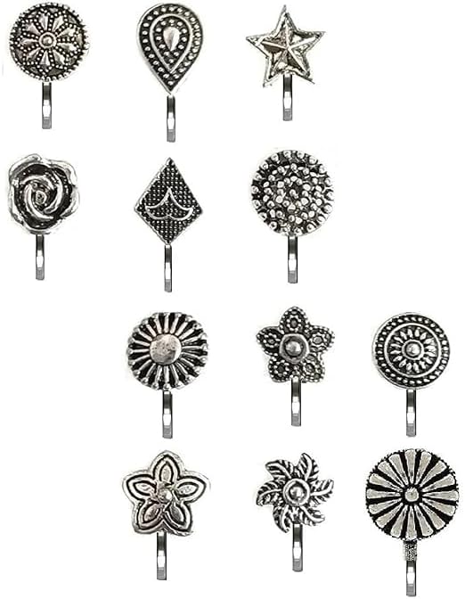 CHARMAURA Non Piercing Traditional Indian Nosepin Pressing Type Clip On Oxidized Silver Nose Ring Pin Stud For Women (1.5cm)