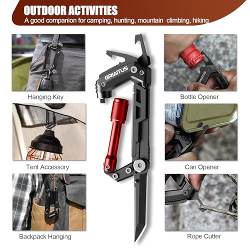 Image of Carabiner Multitool with Pocket Knives, EDC Carabiners, Serrated Knife, Rope Cutter, Screwdriver, Can Bottle Opener, Ruler, Keychain Knife for Camping Hiking, Gifts for Women (Red)