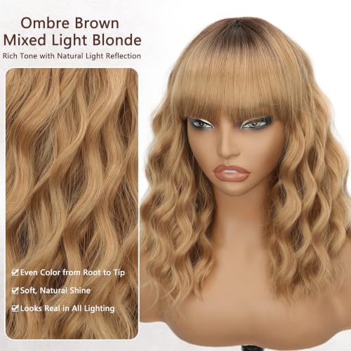 Image of Nnzes Blonde with Light Brown Wig with Bangs for Women Shoulder Length Bob Wavy Charming Synthetic Wigs with Natural Curly Heat Resistant Hair