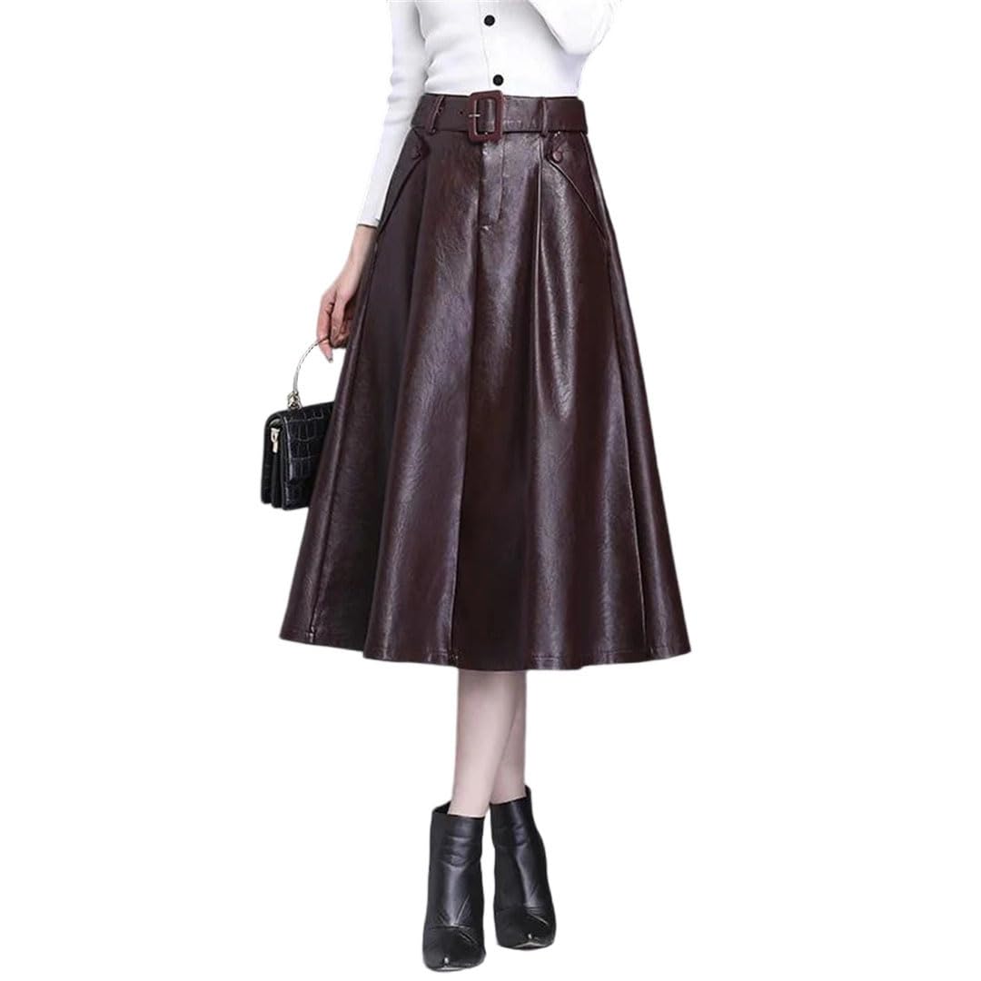 Womens Solid Color High Waist Pocket Spring and Winter Loose Workplace Leather Skirt