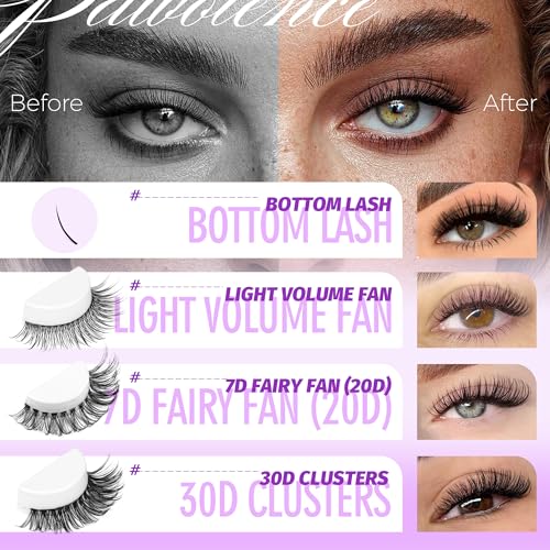 Image of Pawotence Lash Extension Kit Lash Clusters Multi-types Individual Lashes Natural Bottom, Light Volume, 20D 30D Clusters Eyelash Extension Kit with Lash Bond and Seal, Lash Applicator for Self Use