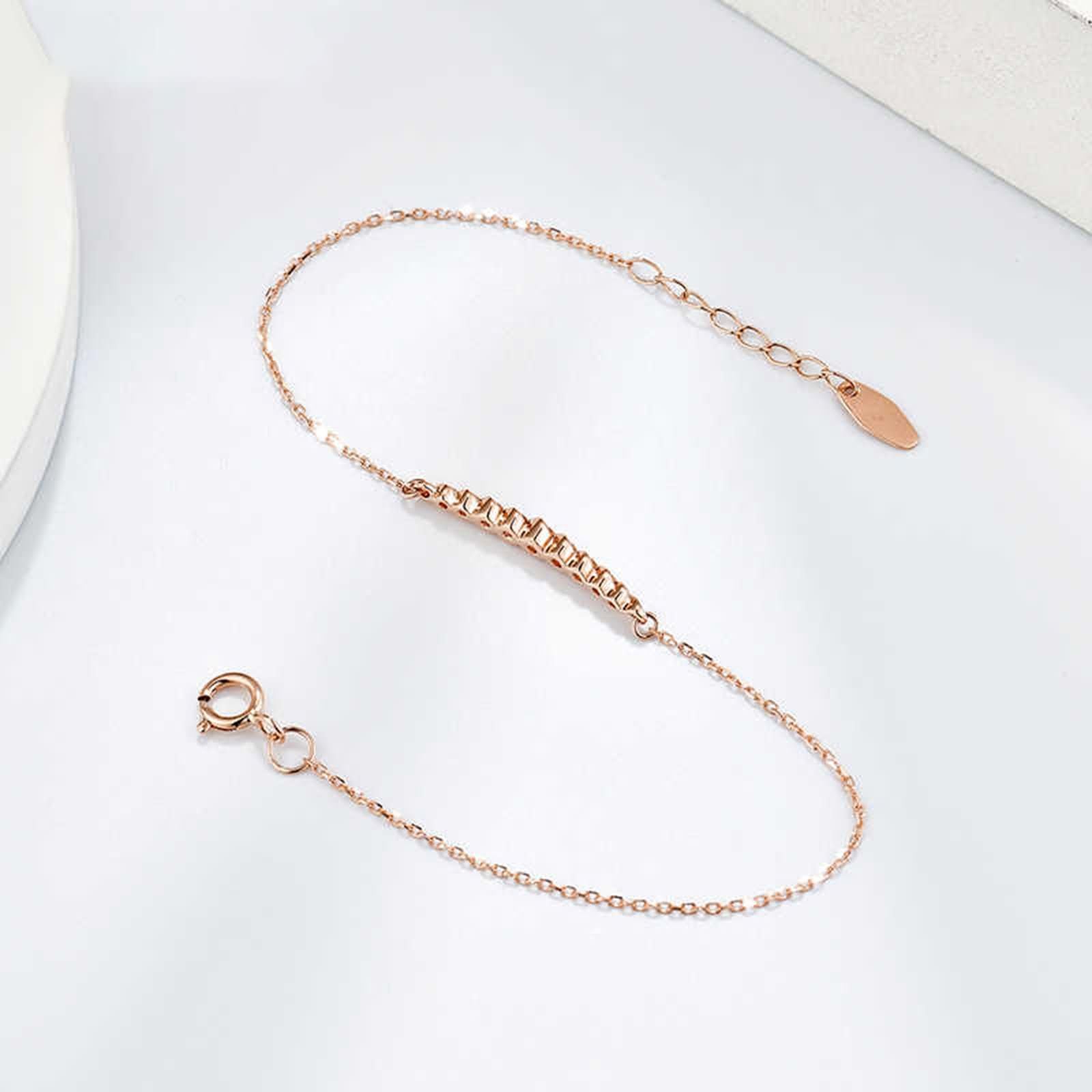 Pulsera Mujer de Oro Rosa 9 K / 14 K / 18 K, Cadena con Redondo y Diamante, Cadena Extensible 16 CM + 5 CM, Pulsera para Mujer de Oro Rosa