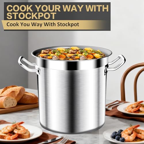 Image of Stainless Steel Stock Pot,20QT Large Stock Pot with Lid for Boiling Cooking Soup Stew Canning, Heavy Duty Tri-Ply Bottom for Boiling Cooking Soup Stew Canning Cooking Pots, Cookware Sauce Pots