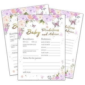 Baby Shower Game for Girls, Purple Butterfly Baby Predictions and Advice for Baby Shower, Purple Floral Baby Shower/Gender Reveal Parties Decorations, 5″ x 7″ Double-sided Cards(30 Games)-A02