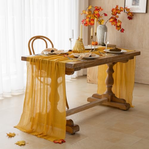 Image of Fall Golden Cheesecloth Table Runner 120 Inch Party Home Decorations | For Thanksgiving Friendsgiving Wedding Bridal Shower Baby Shower Engagement Party 10FT Rustic Boho Home Decor