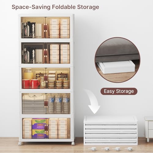 Image of UAMFURI Stackable Storage Bins with Lids, 240QT Lockable Storage Cabinet | Closet Organizers, Foldable Storage Box with Doors and Wheels, Plastic Drawers for Home, Garage, Office (5, White, Medium)