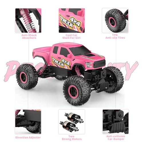 Image of Double E Pink Monster Truck Remote Control Car for Girls | Cool 4WD RC Truck Toy with Off-Road Tires, Fun Outdoor Gift for Kids Ages 6-12