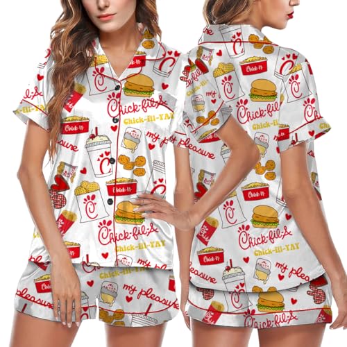 Chicken Nuggets Satin Pajamas Set for Women Y2k 2 Piece Short Sleeve Shirts Matching Pj Shorts Set Multi3
