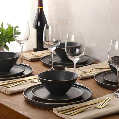 Image of Gibson Elite Coastal Forest Plates and Bowls Sets, 12-Piece Stoneware Dinnerware Sets, Triple Reactive Glaze Dish Set - Black