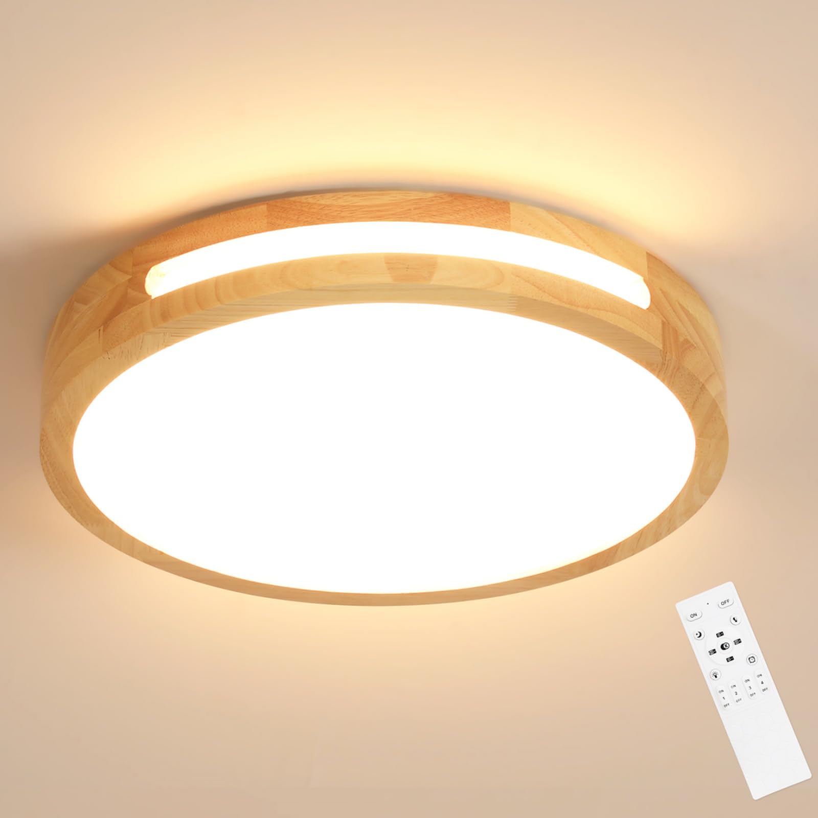 Riserva Lámpara de Techo LED Madera 64W, Regulable, 3000K-6500K, 40cm | Plafon LED Techo Redondo con Mando para Dormitorio, Salón, Cocina, Comedor, Balcón, Pasillo