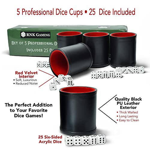 Rnk Gaming 5 Pack Of Professional Dice Cups Pu Leather And Red Velvet Lined, Includes 25 White Six-Sided Dice #TOP2