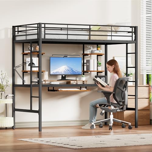 XPSSJMU Cama Alta con Escritorio, Cama Alta 90x200 cm, litera Escritorio con Barandillas de Seguridad y Escalera para JóVenes y Adultos, Negro