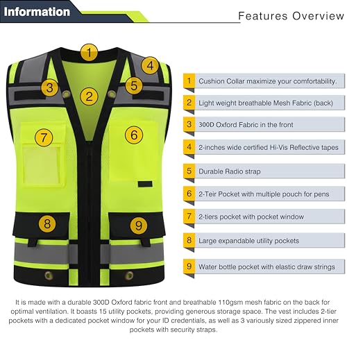 Image of Gasoline Class 2 High Visibility Reflective Safety Vests Women & Men | With 15 Pockets And Zipper Front,Meets Ansi /Isea Standards