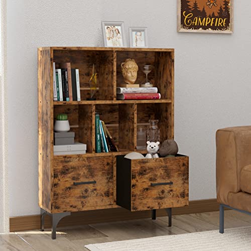 Ironck Bookshelf, 3-Tier Cube Bookcase With 2 Drawer With Metal Legs, 9.4" D X 32" W X 43" H Office Bookshelves For Living Room, Office, Bedroom Easy Assembly #TOP1