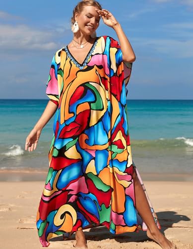 Image of NFVNKJ Women's Plus Size Beach Lounge Kaftan Maxi Dress Swimsuit Coverup for Women