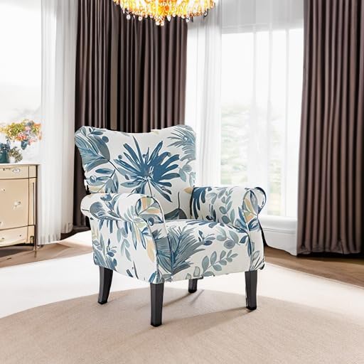 Image of BELLEZE Modern Accent Chair, High Back Armchair, Upholstered Wingback Side Chair, Padded Single Sofa with Wooden Legs for Living Room, Bedroom - Green Blue Floral