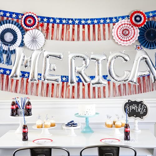 Image of 4th of July Decorations 10 Pack 10 Feet Foil Fringe Garland Tinsel Streamers Red White and Blue Star American Flag Banner Table Skirts for Parade Floats Memorial Day Patriotic Party (100 FT)