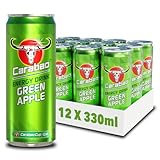 Carabao Energy Drink Green Apple, 12 x 330ml Cans Case, Low Calorie, Lower Sugar, Fizzy Fruit Flavour, Vegan, Gluten Free Drink. B Vitamins, Taurine, Caffeine with Zero Crash, Bulk Crates, Multipack