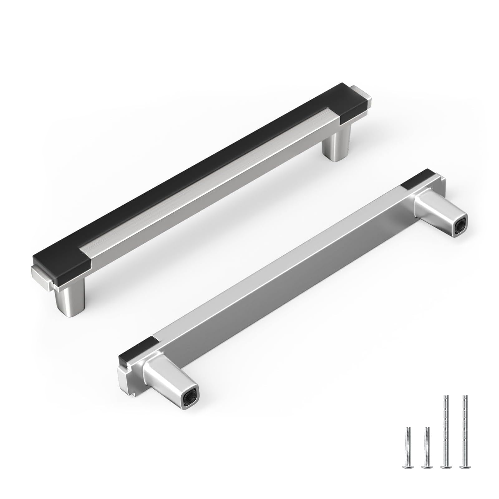 Rergy Paquete de 10 tiradores de gabinete de níquel cepillado de 10 pulgadas, color negro, tiradores de cajones plateados, tiradores de gabinete de cocina, herrajes cuadrados de aleación de zinc para