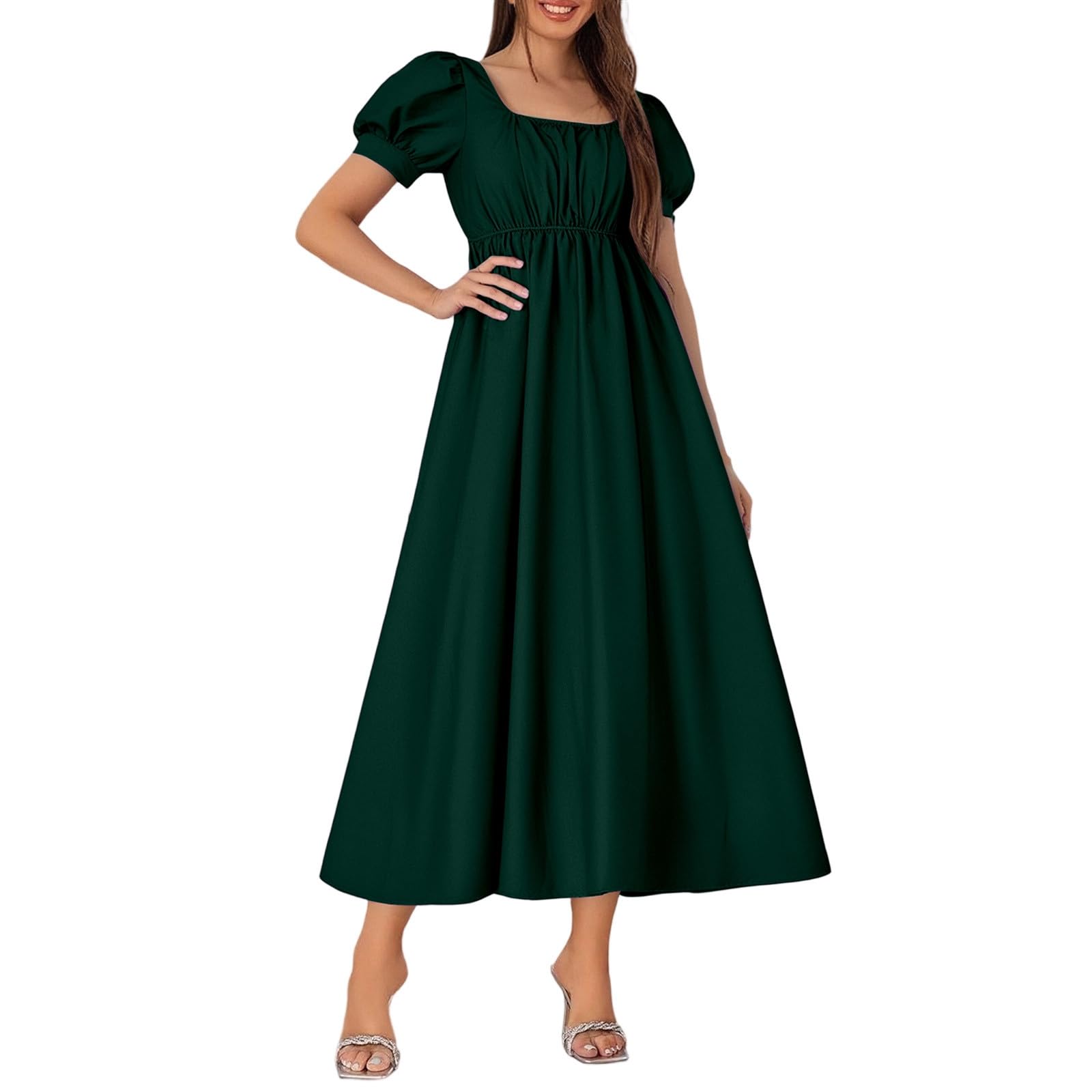 Women Medieval Victorian High Waist Retro Regency Dresswomen'S Satin Ruffled Puff Sleeve Waist Dress Victorian Tea Party Gown with Ribbon Tie Ideal for Costume Parties Halloween Green — image 1