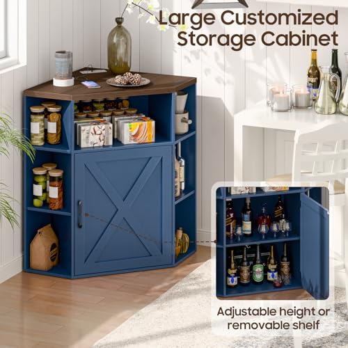 Image of Halitaa Corner Storage Cabinet, Farmhouse Corner Bookshelf with Storage 6-Cubby Wooden Cabinet with USB Ports and Outlets Industrial Organizer for Small Space, Study, Playroom, Blue and Brown