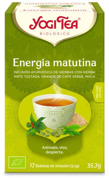 Yogi Tea, Energía Matutina - Infusión Ayurvédica de hierbas y especias con hierba mate, granos de café y té verde - 17 bolsitas (35,7g)