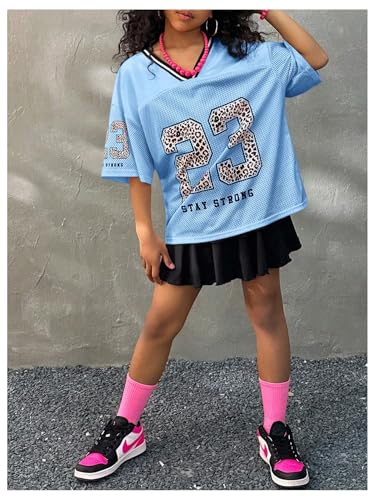 Image of BEAUDRM Girl's Jersey Shirts Leopard Number Print Jersey Shirt Cheetah V Neck Half Sleeve Oversized Tee Tops