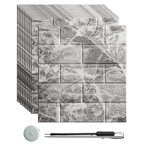 mymai 3D Tapete Wandpaneele Selbstklebend,10 Stück Ziegel Tapete,Steinoptik Tapete Wasserdicht Wandaufkleber, 35×38.5cm Wandtapete Schaumstoff,für Wohnzimmer Schlafzimmer Kinderzimmer (Grau Ziegel)