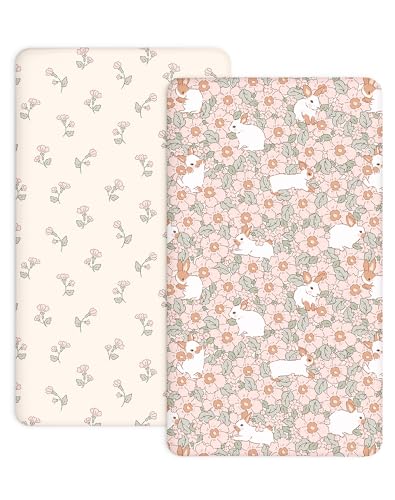 Image of Bedside Bassinet Sheets 2 Pack, 33 x 20 Fitted Bedside Sleeper Sheets, Ultra Soft Breathable Polyester, Ideal for Baby Girl or Boy and Newborns (Bunny Garden, Bedside Sleeper Sheet)