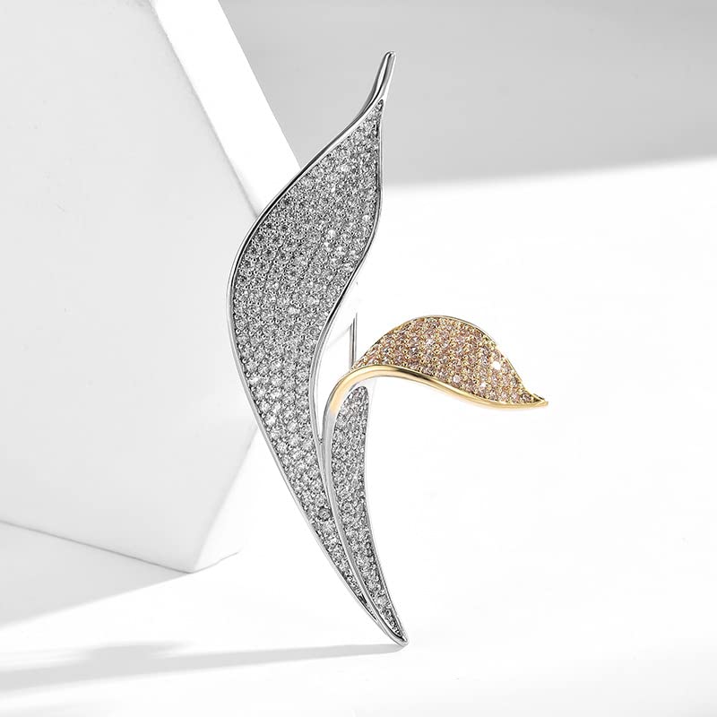 Image of Rhinestone Leaf Brooch Pins - Crystal & Gold-plated Lapel Pin Jewelry for Women - Birthday Gift for Wife or Friends