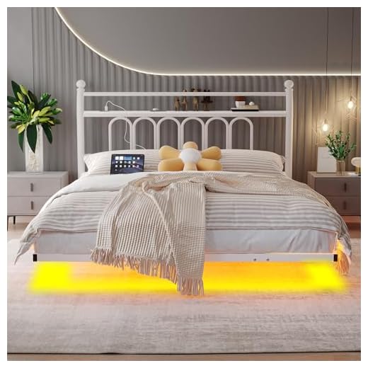 JELUTE Double Bed Frame with LED Lights Storage Headboard and Charging Station, Heavy Duty Metal Platform Double Bed Frame, No Box Spring Needed, Noise Free, White