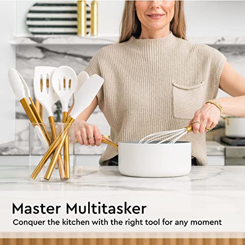 Image of White Silicone and Gold Cooking Utensils for Modern Cooking and Serving, Stainless Steel Gold Serving Utensils - Spatulas for Non Stick Cookware