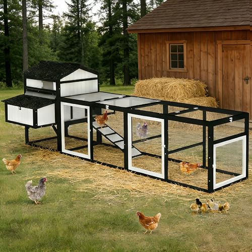116" Large Chicken Coop with Run, Wooden Hen House Outdoor Poultry Cage 28.41 ft² for 4–6 Chickens, 4 Nesting Boxes, 4 Perches, Easy-Clean Slide Ou