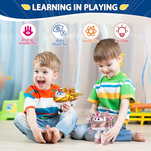 Super Wings Transformable Toys Playset, 5 in Golden Boy and Golden Girl Airplane Transforming Figures Toys Set, 2 in 1 Mode Rescue Bots Toy for 3-5 Year Old Boys Girls Toy for Toddlers Kids Age 3-5