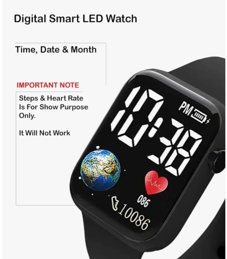 Image of Digital led Smart Watch with,Black Silicone Band, LED Display, Unisex Waterproof Watch