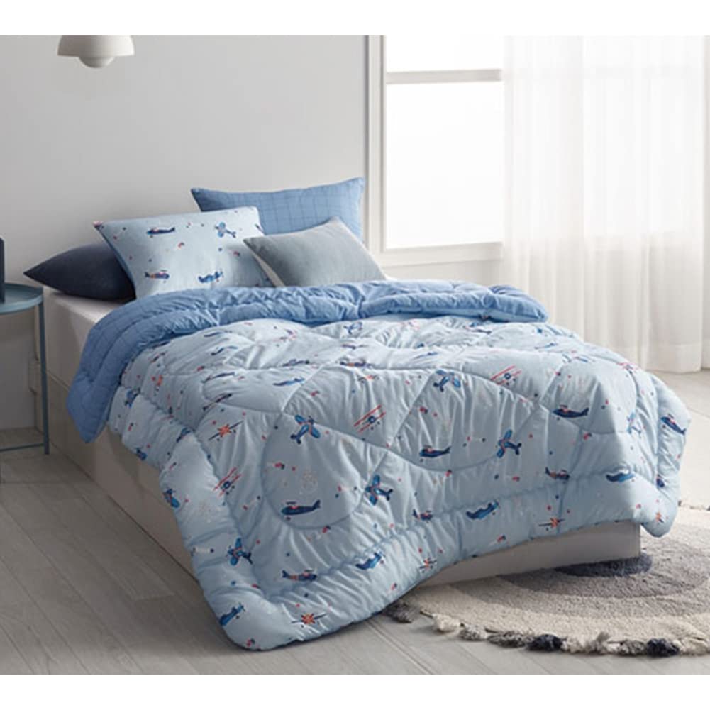 AllergyCareKids Single Comforter Child Size Cotton Thin Wadding Bedding Thin Padding for Kids Korea (Blue)