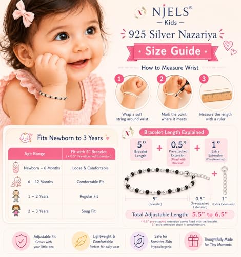 Image of Njels 925 Silver Nazariya for Baby Boy and Baby Girls | New Born to 3 years Age | 5.5 Inch Plus 1.0 Inch Extension Chain | 925 Stamped Silver Bangles for Baby Girl