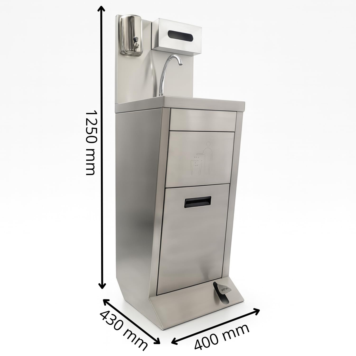 Lave-Mains Professionnel avec Cuve Inox – Station de Lavage Complète avec Commande au Pied, Distributeur de Savon, Distributeur de Papier et Poubelle Intégrée
