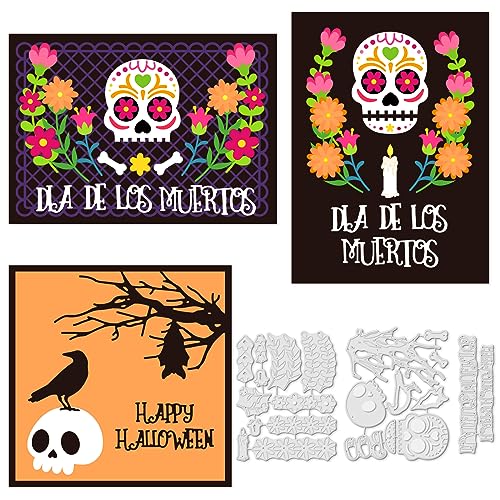 INFUNLY 3Pcs Happy Halloween Cutting Dies Skull Metal Die Cuts for Card Making Candle Die Cutters Flowers Die Cut Embossing Stencils for DIY Halloween Scrapbooking Album Photo Paper Crafts Decor