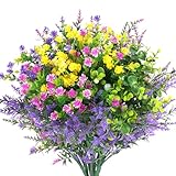 Hananona 12 Pcs Artificial Flowers Outdoor, Faux Artificial Plants UV Resistant Plastic Flower Bulk for Hanging Planter Porch Window Home Wedding Fall Summer Decor (12, Fuchsia, Purple, Yellow, Green)
