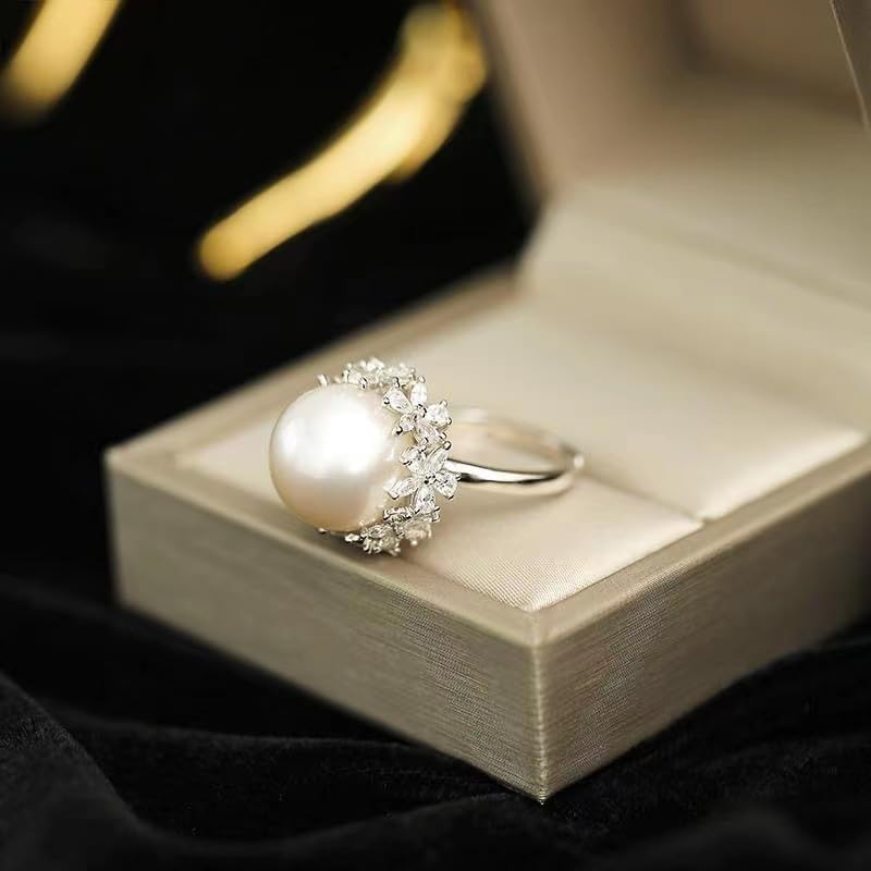 Adjustable 925 Sterling Silver Pearl Ring - 10-12mm Freshwater Cultured Pearl with Floral Open Band - Elegant Minimalist Statement Ring - Image 2