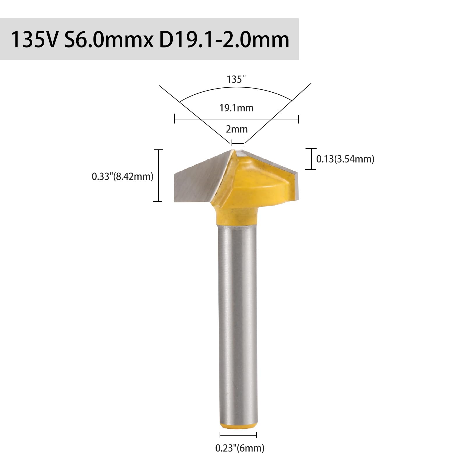 Frezy do formowania krawędzi z fazą, 5 sztuk 6-8mm 90-135 stopni w kształcie litery V z łbem płaskim fazowanie frez CNC do szczeliny przycinania drewna(135V-S6-D19.1-2.0)