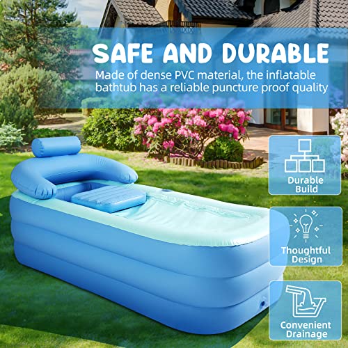 Inflatable Bathtub Adult With Electric Air Pump, Indoor Or Outdoor Portable Foldable Bath Tub And Ice Bath Tub, Freestanding Blow Up Bathtub With Bath Pillow Headrest For Adults Spa, 63"X33" (Blue) #TOP3