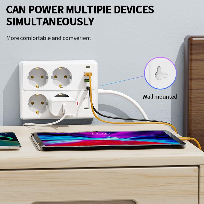 Steckdosenleiste 8-in-1 mit 4 AC-Steckdosen, 2 USB und 2 Type-C, 2500W, 10A, für Zuhause, Büro und Reisen (Weiß)