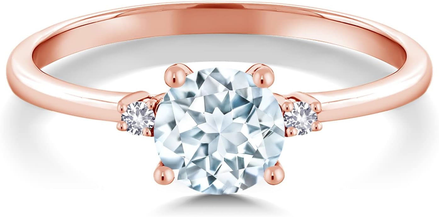 Gem Stone King 10K Rose Gold Sky Blue Aquamarine and White Created Sapphire Solitaire Engagement Ring For Women (0.78 Cttw, Round 6MM, Gemstone March Birthstone)