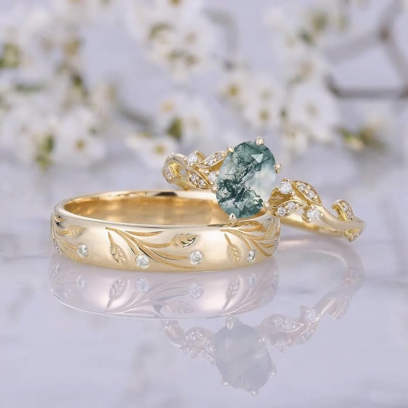 10K 14K 18K Gold Custom Natural Moss Agate Couple Rings 2PCS/3PCS Moss Agate Wedding Promise Ring Sets for Him and Her Couple Size 3-16 - Image 2