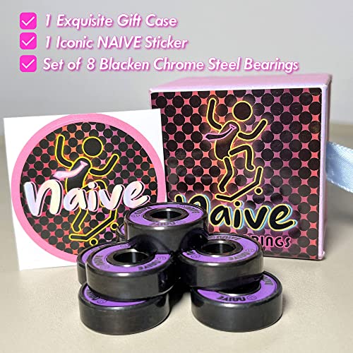 Naive Skateboard Bearings 8 Pack, Pre-Lubricated 8Mm Anti-Rust 608 Compact Set For Longboard, Cruiser, Surfskate, Inline & Quad Roller Skates, Gift Case, Neon Purple Pink #TOP4