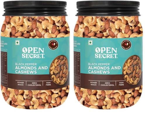 Image of Open Secret Roasted Almonds and Cashews 1000g | Black Pepper Flavoured | Premium, Crunchy & Delicious Snack | Reusable Jar (Pack of 2)